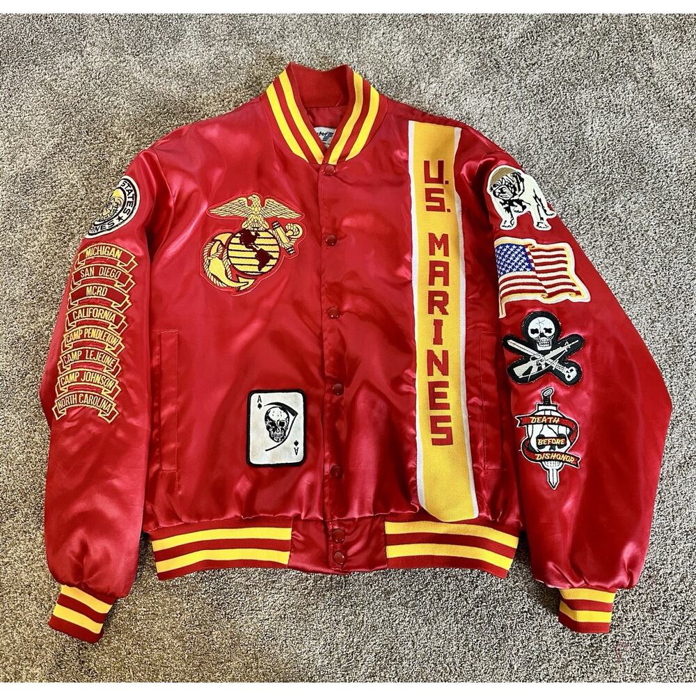 Vintage Swingster Jacket Mens XL Red Satin Bomber Snap U.S. Marines Made USA
